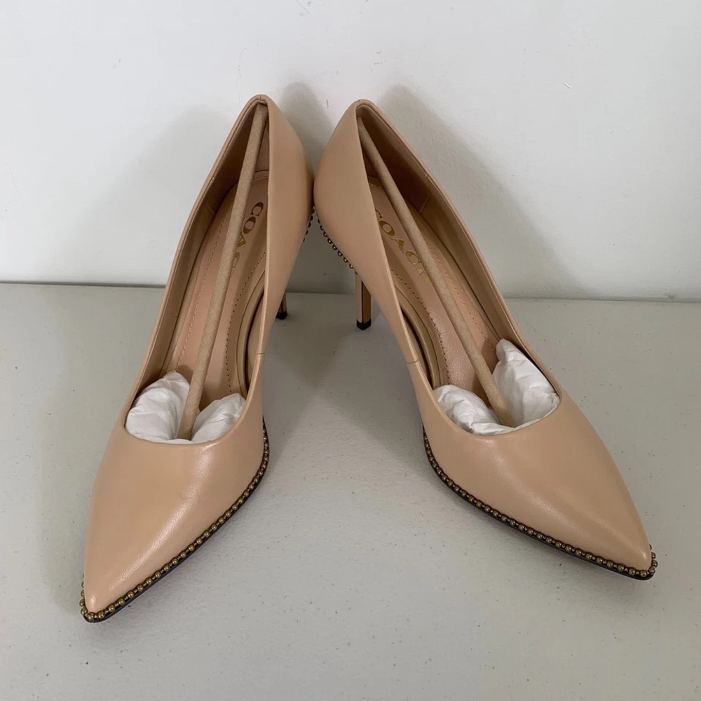 Coach Nude Leather Pointed-Toe Stiletto Pumps with Stud Trim - Picture 3 of 9